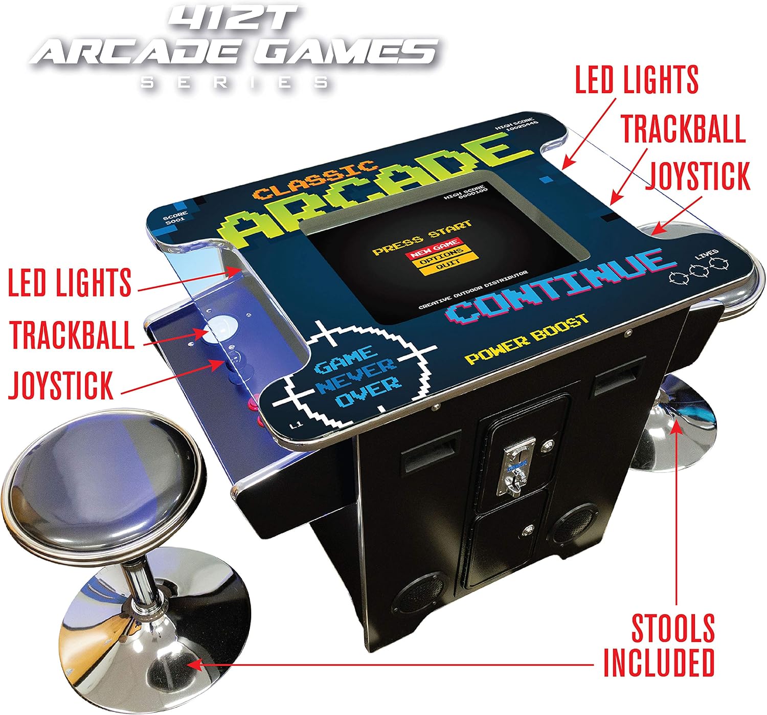 Creative Arcades Full Size Commercial Grade Cocktail Arcade Machine | 2 Player | 412 Games | 22" LCD Screen | Square Glass Top | LED | 2 Sanwa Joysticks | Trackball | 2 Stools | 3 Year Warranty