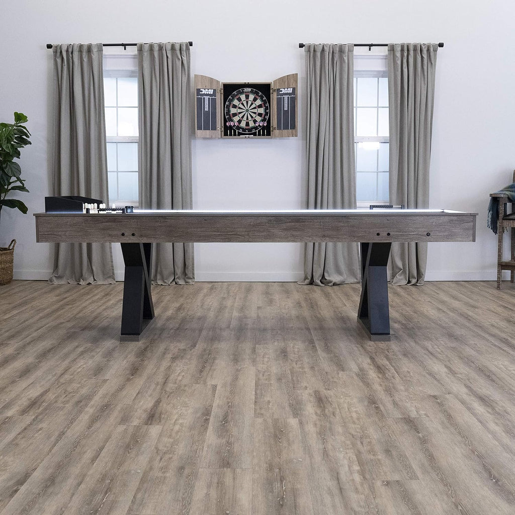 American Legend Kirkwood 9’ Shuffleboard Table with LED Rails, Bowling Game Set, Rustic Wood Finish & Accessories Included