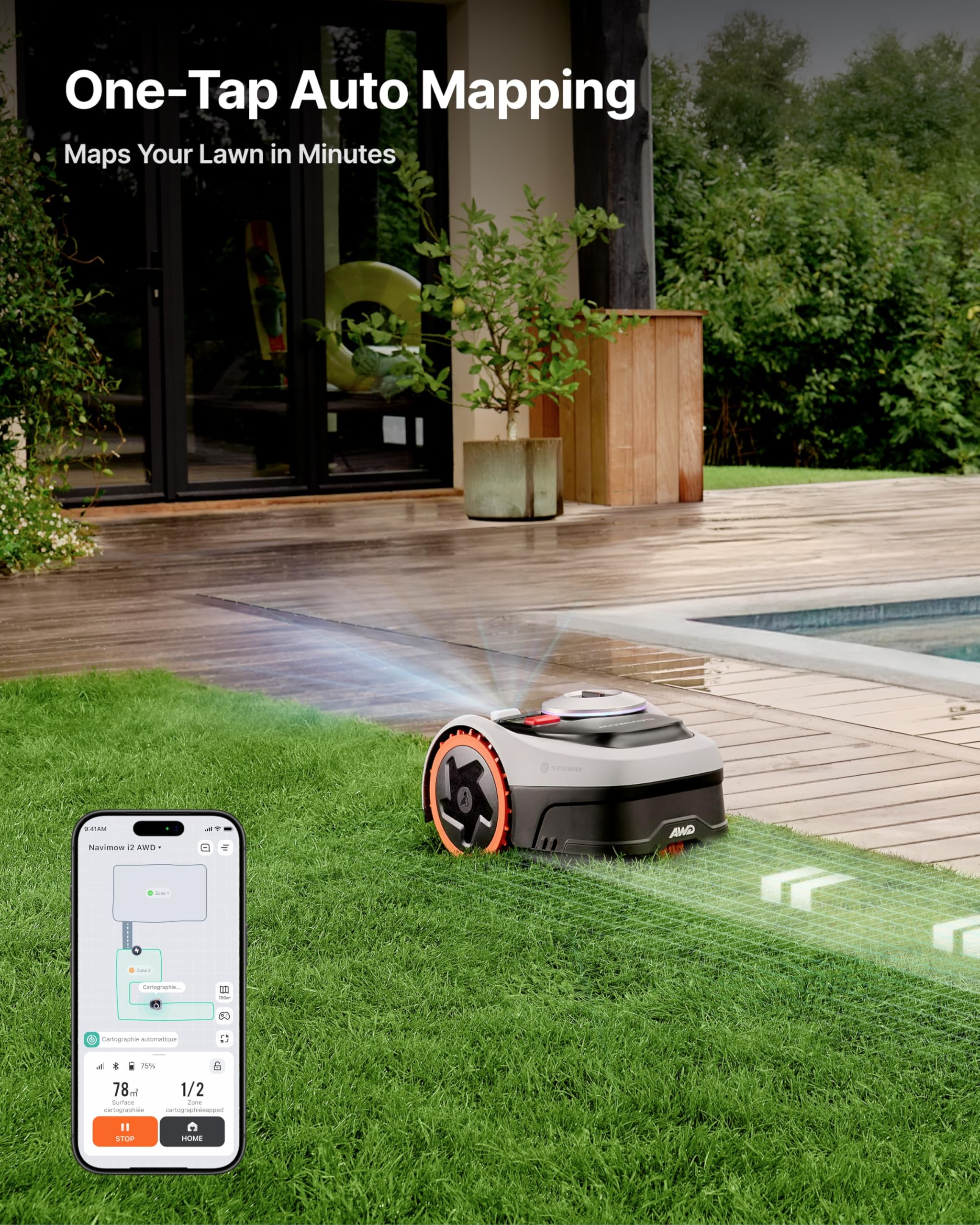 Segway Navimow i210 AWD Robot Lawn Mower Wire Free with Garage S, All-Wheel Drive for 45% Slopes, EFLS NRTK + Vision Auto Mapping, Covers 1/4 Acre (Garage Shipped Separately)