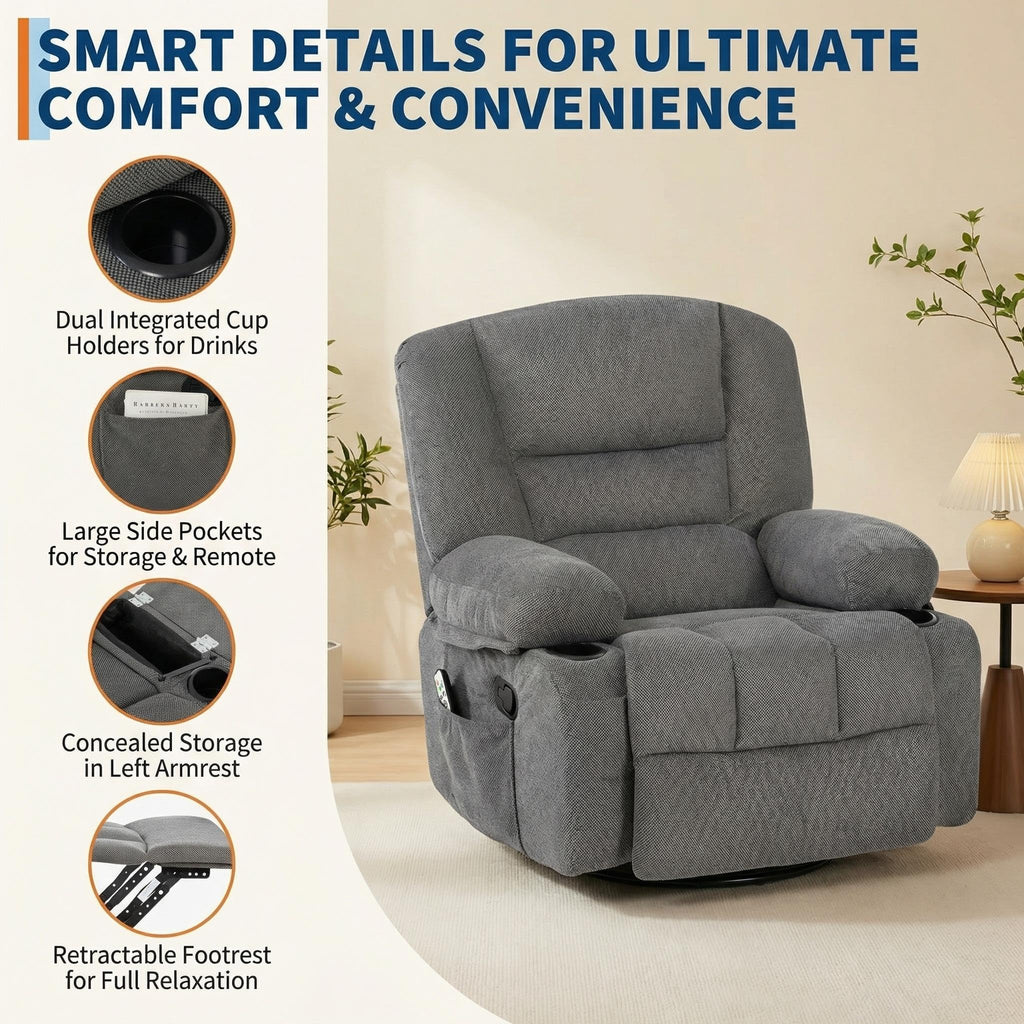 Oversized Wide Recliner Chair with Vibration Massage and Heat, 360° Swivel Recliner Glider for Adults,Chenille Fabric Manual Reclining Single Sofa with Cup Holders & Side Pockets for Living Room,White