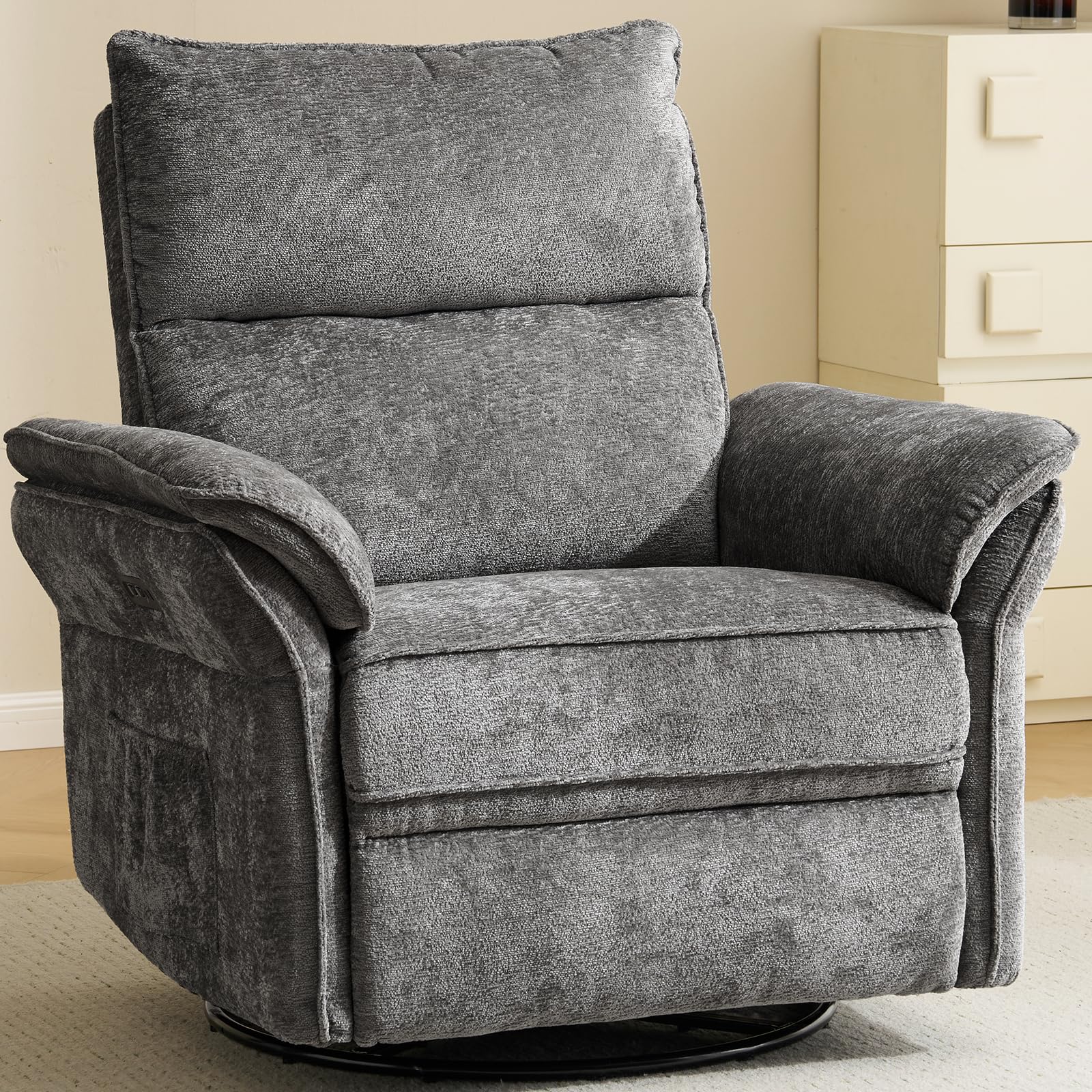 Oversized Rocking Chair Nursery with Massage and Heat, Glider Recliner Nursery Chair with Adjustable Headrest, Power Swivel Rocker Recliner Chair with USB Port, Dark Grey