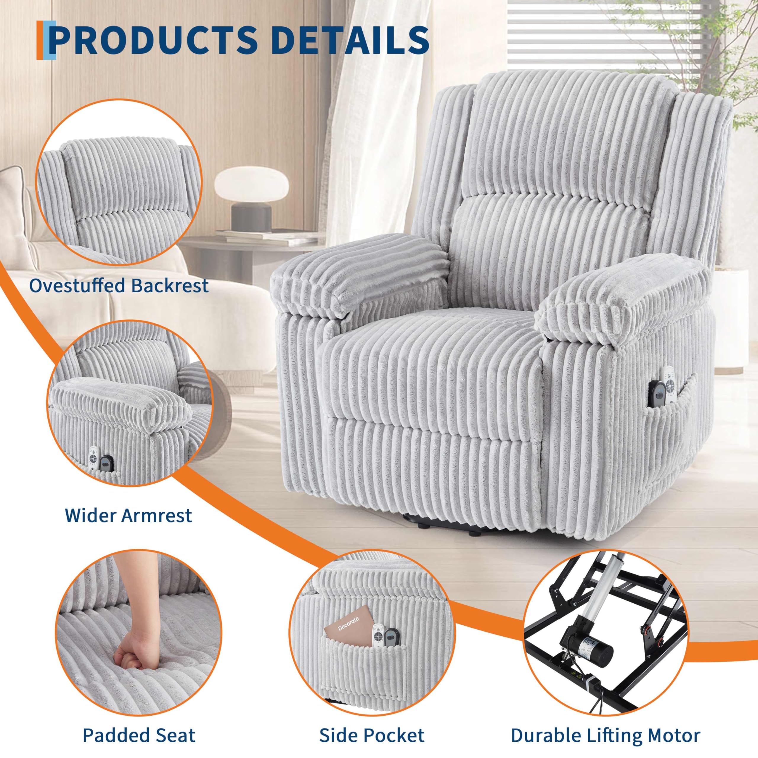 GarveeHome Power Lift Recliner Chair - Heat and Massage, PU Leather Electric Lift Recliner for Elderly & Mobility Impaired，Reclining Sofa with Side Pocket for Living Room