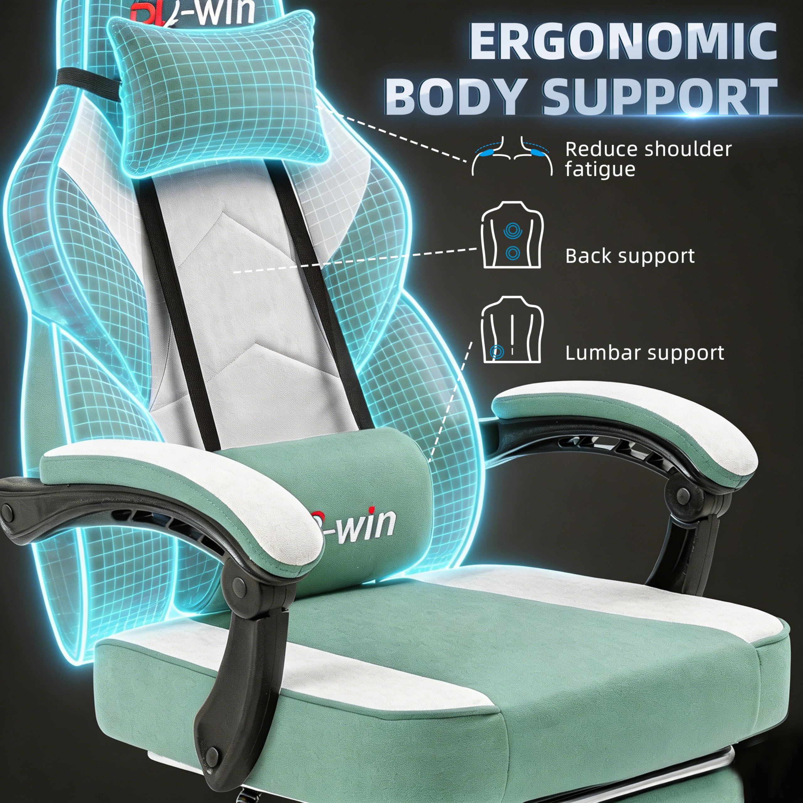Shintenchi Big and Tall Gaming Chair Fabric Pocket Spring Cushion,High Back Recliner with Footrest and Headrest for Adults, Massage Lumbar Support for Home Office, Ergonomic Computer Desk Chair, Blue