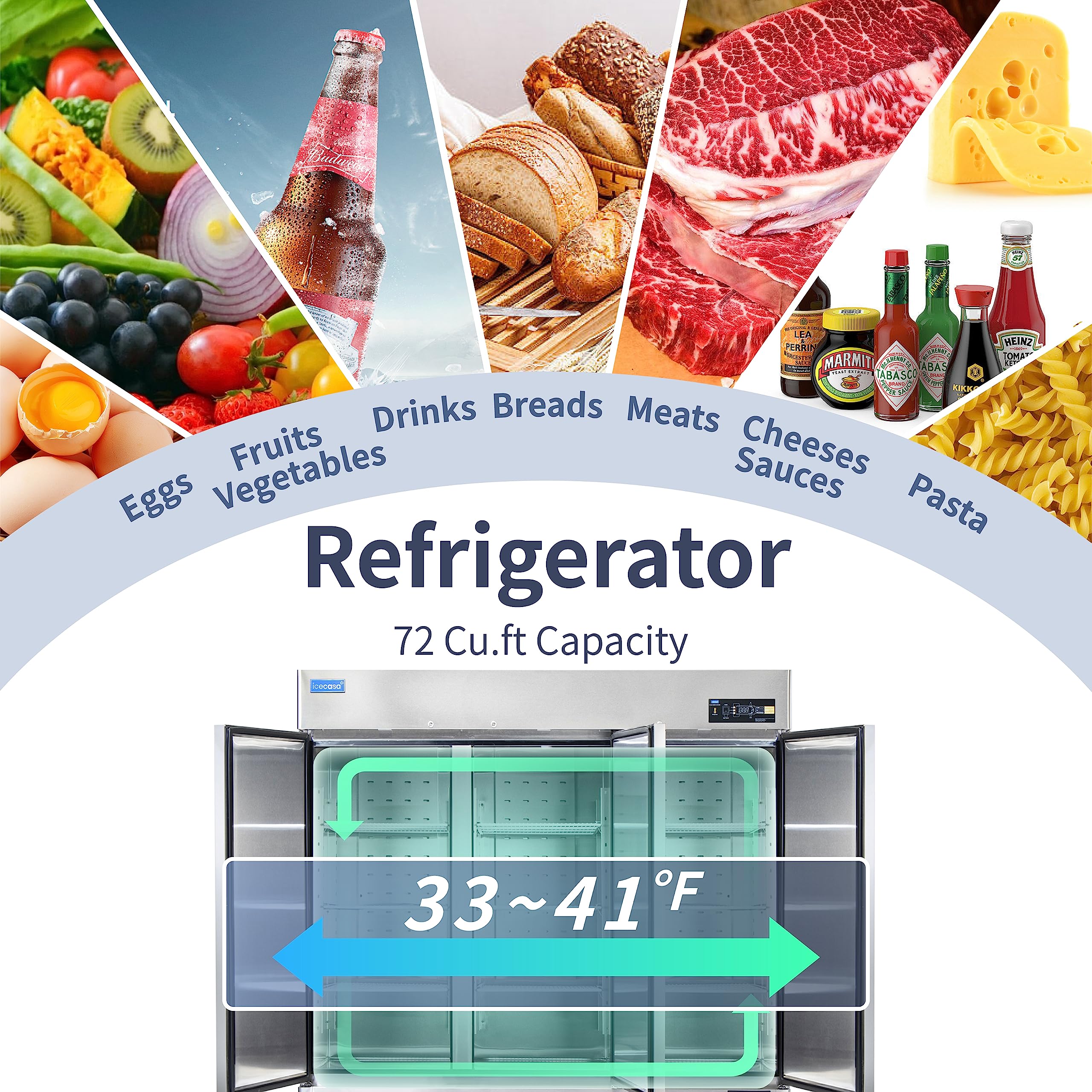 ICECASA 48" W Commercial Refrigerator Reach-in 36 Cu.ft 2 Solid Door Stainless Steel Commercial Refrigerator Fan Cooling for Restuarant, Bar, Shop, etc