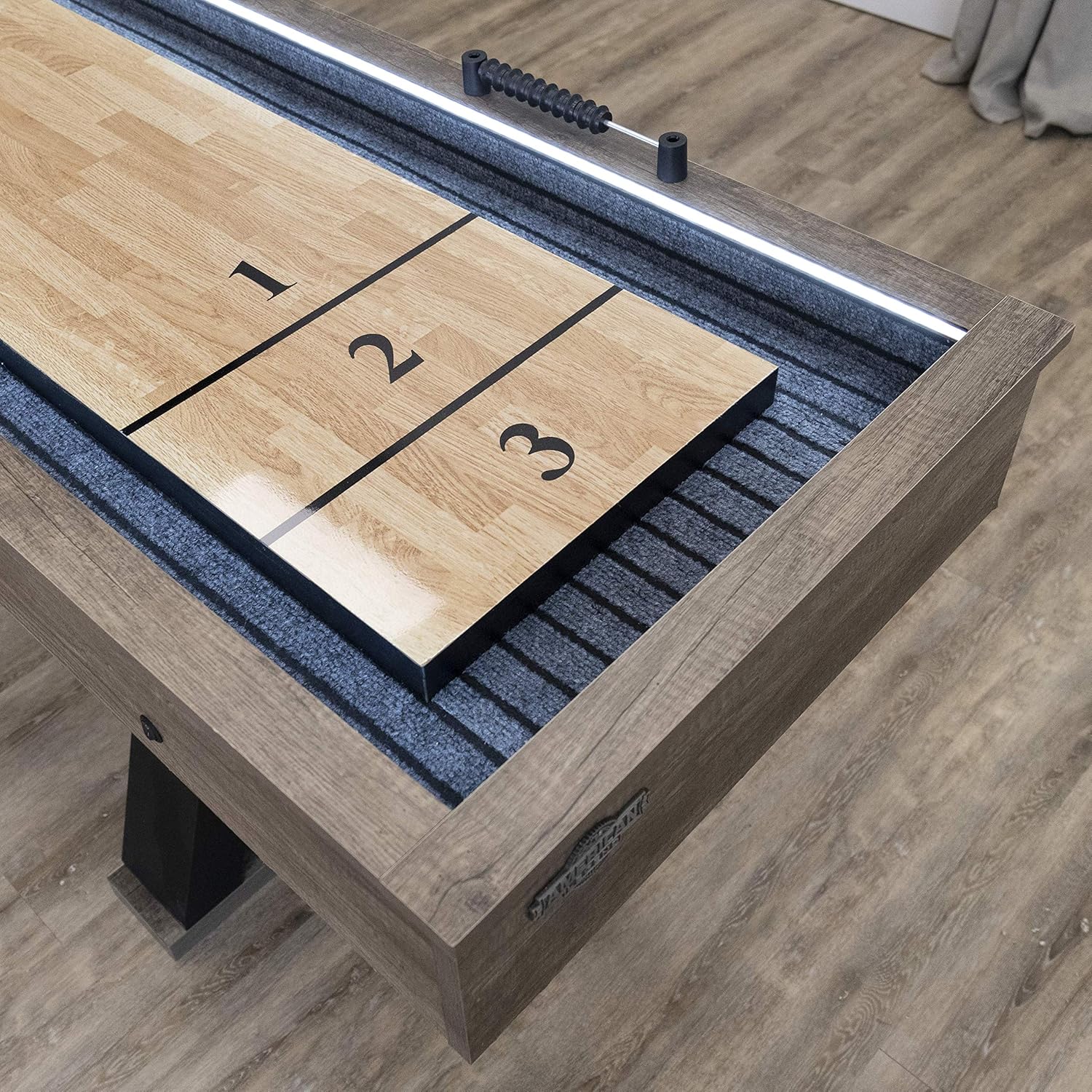American Legend Kirkwood 9’ Shuffleboard Table with LED Rails, Bowling Game Set, Rustic Wood Finish & Accessories Included